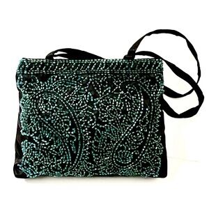 Vintage Teal Green Beaded Evening Bag Black Satin